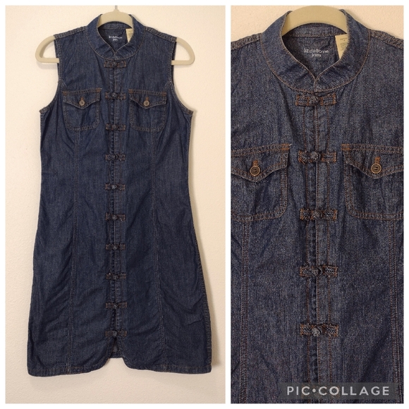 Liz Claiborne Blue Chambray Denim Mandarin Collar Knot Button Sleeveless Dress - Picture 1 of 11